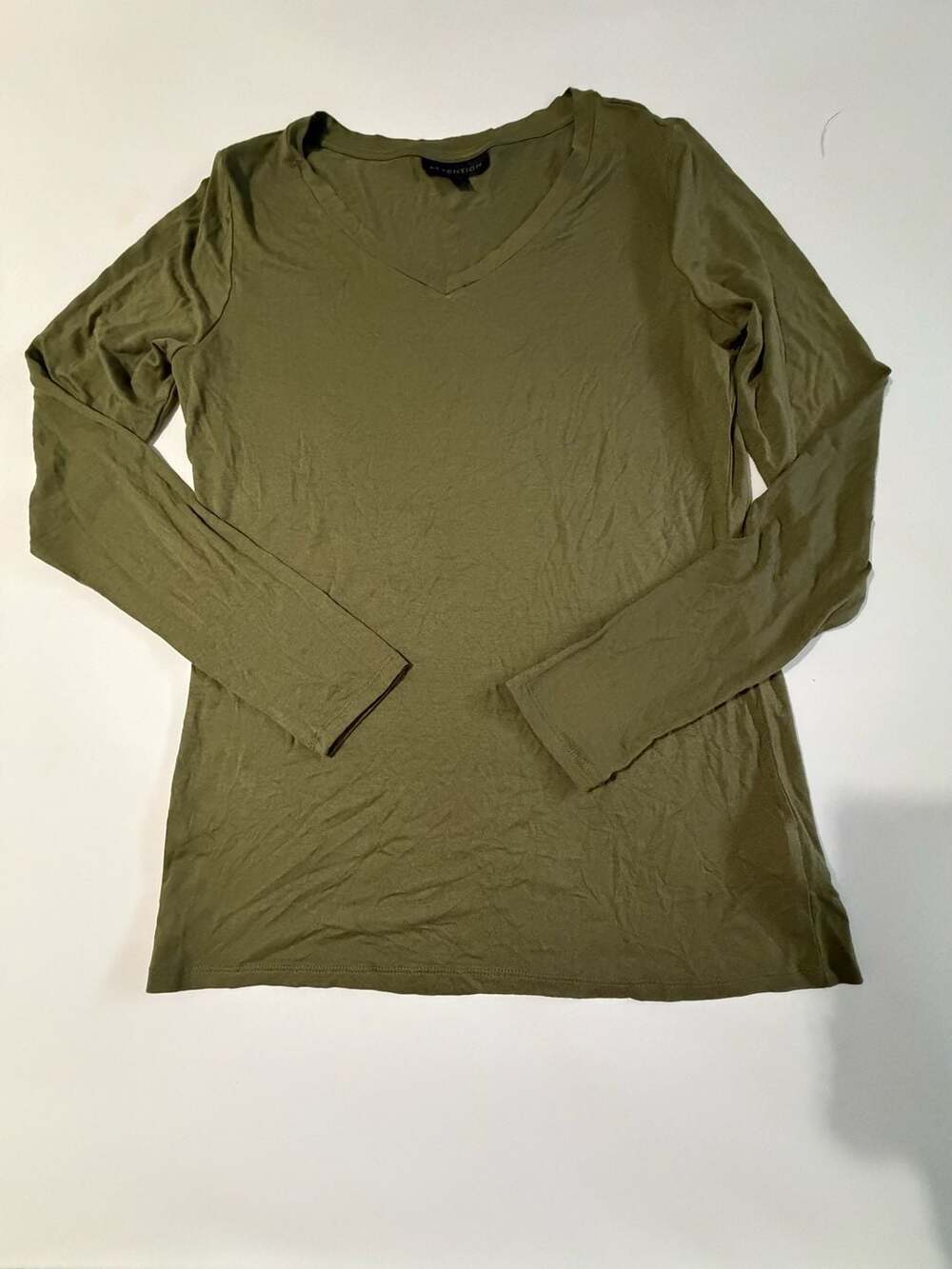 Attention Shirt L Olive Green Long Sleeve L Neck Basic Stretch Jersey Top